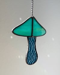 Image 5 of Stained Glass Mushroom – Marble Teal-Aqua / Wavy Teal-Blue (Small)