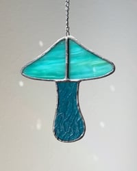 Image 2 of Stained Glass Mushroom – Marble Teal-Aqua / Wavy Teal-Blue (Small)