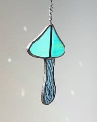 Image 3 of Stained Glass Mushroom – Marble Teal-Aqua / Wavy Teal-Blue (Small)