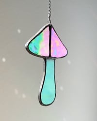 Image 3 of Stained Glass Mushroom – Iridescent Wavy Green / Marble Teal-Aqua (Small)
