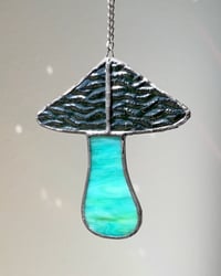 Image 4 of Stained Glass Mushroom – Iridescent Wavy Green / Marble Teal-Aqua (Small)
