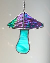 Image 2 of Stained Glass Mushroom – Iridescent Wavy Green / Marble Teal-Aqua (Small)