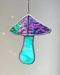 Image 1 of Stained Glass Mushroom – Iridescent Wavy Green / Marble Teal-Aqua (Small)