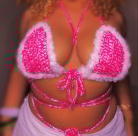 Image 1 of Hot Pink and Shimmer White Faux Fur Beaded Sealuxe Bikini Top