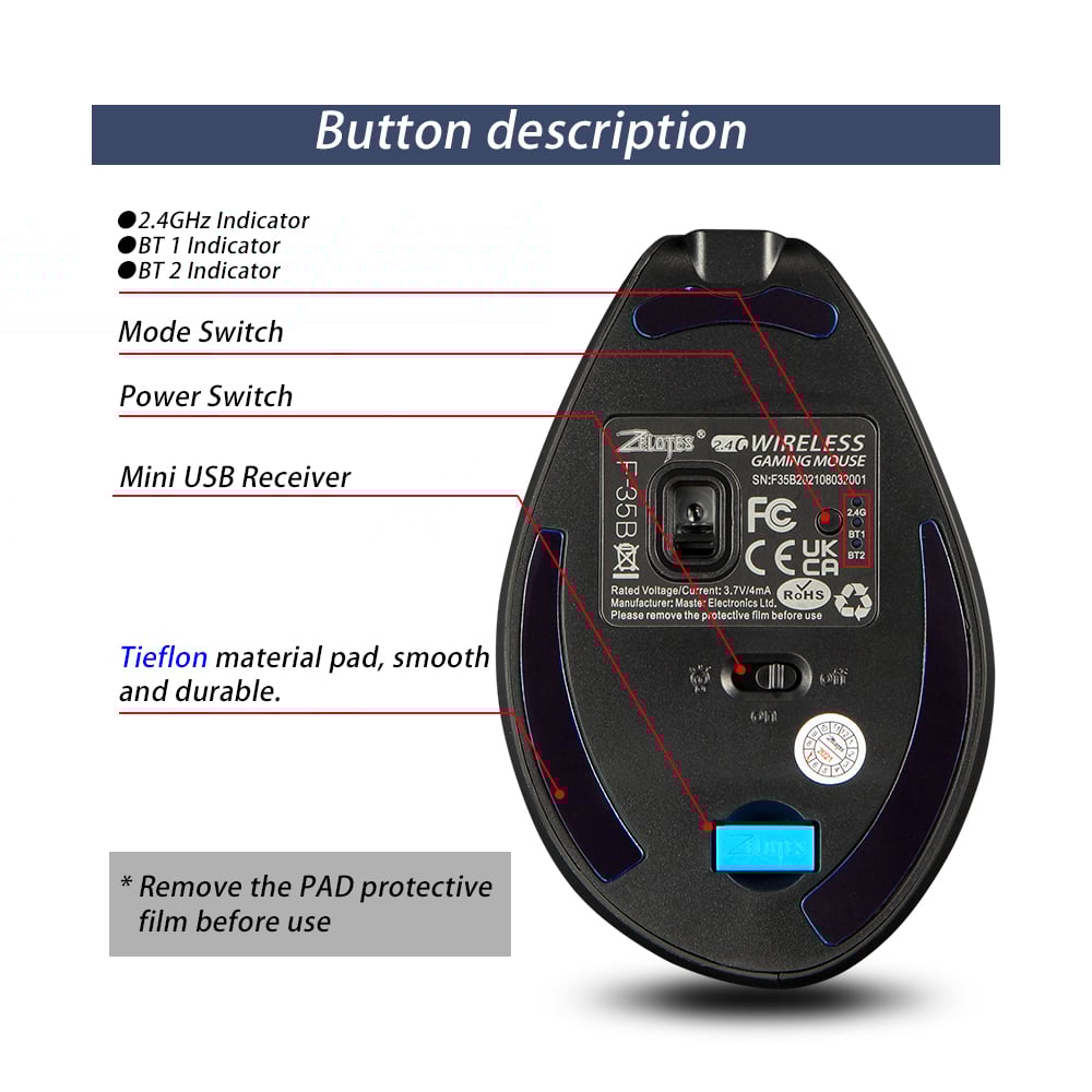 ZELOTES F-35B Wireless Gaming Mouse 2.4G+BT3.0+BT5.0 Three-mode Ergonomic Vertical Mouse 3-gear