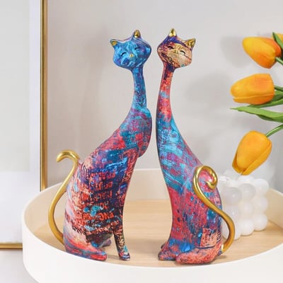Colorful Cat Statue Oil Painting Cat Couple Sculptures Set Modern Resin Statue for Home Decor