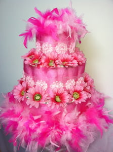 Image of Pink feathers and fun Baby Diaper Cake