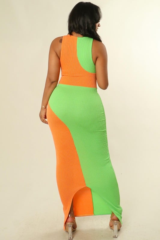 Image of 3PACK COLOR BLOCK RIBBED MAXI DRESS-ORANGE/LIME