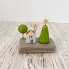 Tiny Ceramic House and Trees Driftwood Piece