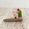 Tiny Ceramic House and Tree Driftwood Piece
