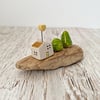 Heart Ceramic House and Trees Driftwood Piece