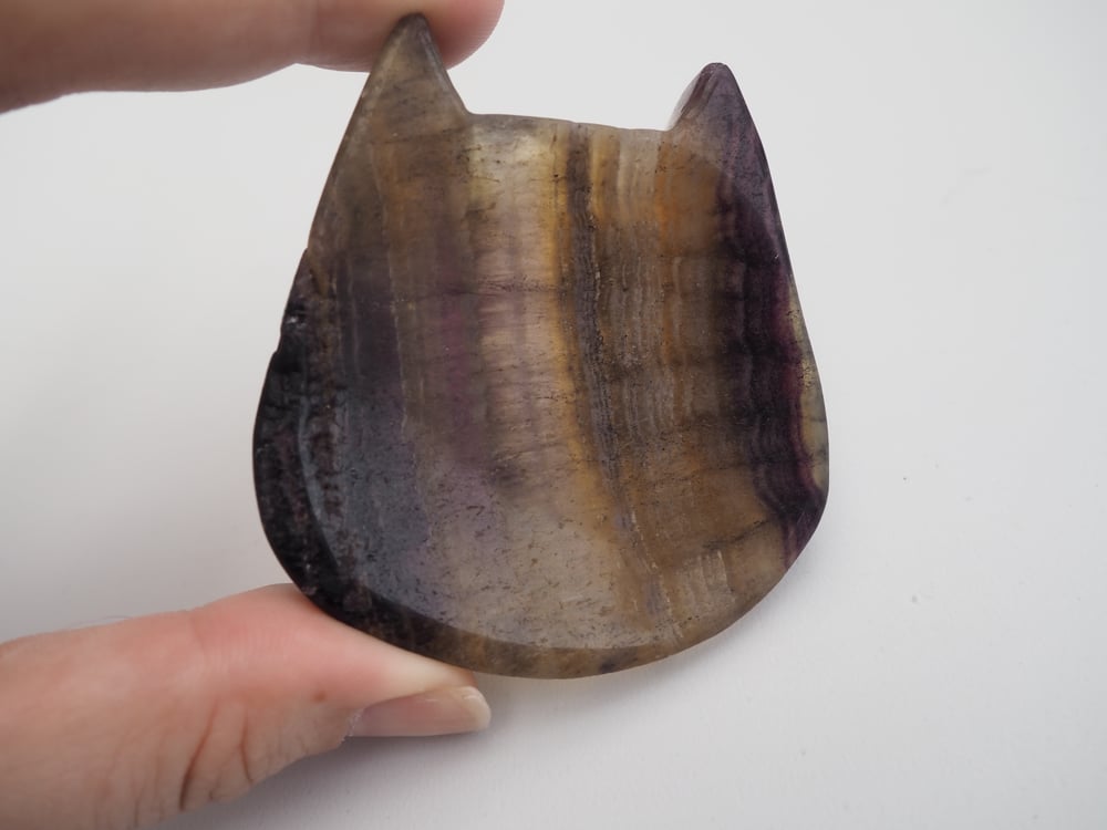 Image of Fluorite Purple, Yellow and Brown Cat Shaped Dish 93g