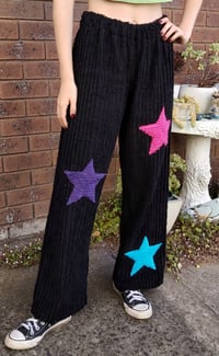 Image 1 of Black chenille Pants with pink, purple, blue stars