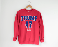 Image 1 of Trump 47 Distressed Unisex Sweatshirt, Varsity Style, Trump 2024 Sweatshirt, Trump Signature