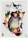 Totoro Sakura Cat Art Print