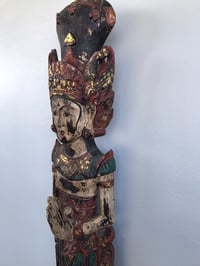 Image 4 of Large Antique Asian Buddhist Figure, Carved Wood With Weathered Polychrome