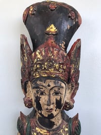 Image 2 of Large Antique Asian Buddhist Figure, Carved Wood With Weathered Polychrome