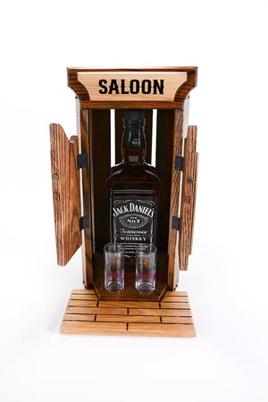 Image of Oak Whiskey Bourbon Caddy with 2 Shot Glasses, Whiskey Lover Unique Drinking Gift, Liquor Cabinet