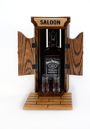 Image of Oak Whiskey Bourbon Caddy with 2 Shot Glasses, Whiskey Lover Unique Drinking Gift, Liquor Cabinet