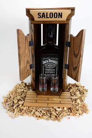 Image of Oak Whiskey Bourbon Caddy with 2 Shot Glasses, Whiskey Lover Unique Drinking Gift, Liquor Cabinet