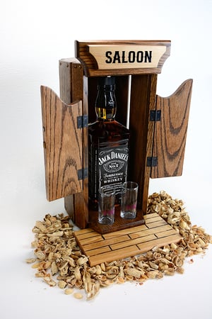 Image of Oak Whiskey Bourbon Caddy with 2 Shot Glasses, Whiskey Lover Unique Drinking Gift, Liquor Cabinet