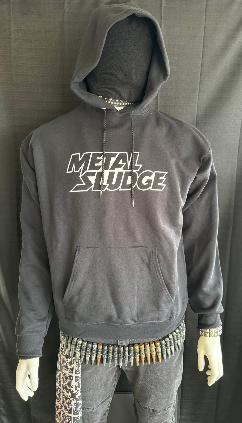 Image of Metal Sludge men's Pullover Black Hoodie (BOTH Front ONLY print & w/ BACK PRINT TOO) 