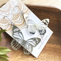 Image 2 of High Shine Silver Steel Butterfly Dangle Earrings
