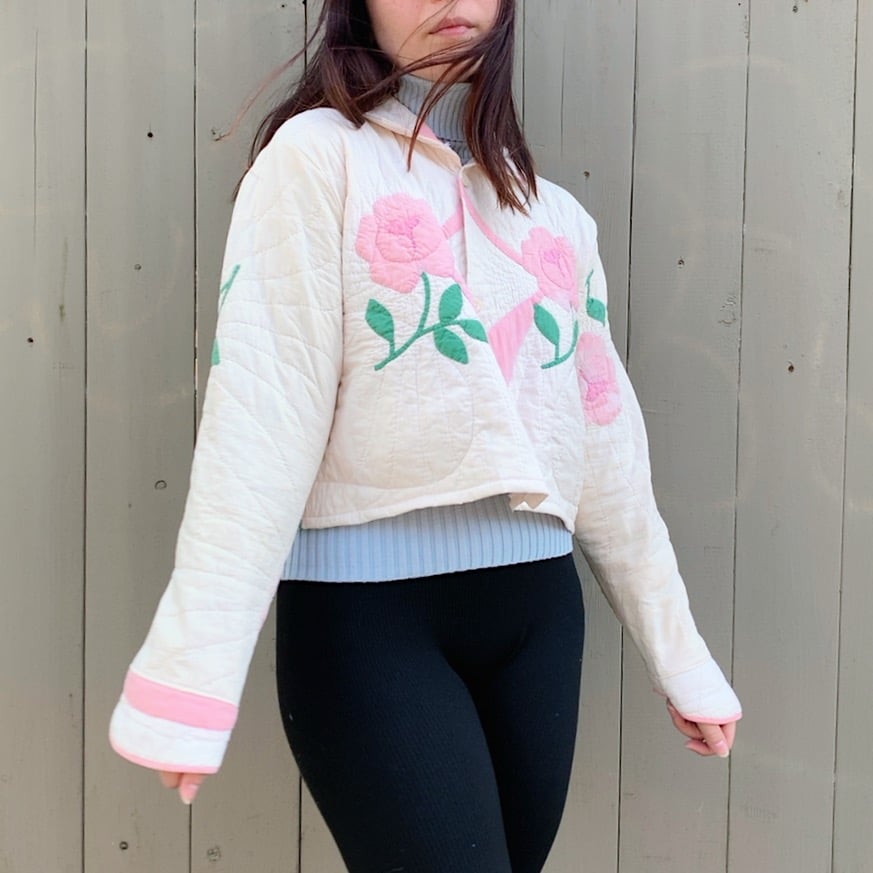 Image of Quilt Collared Cropped Coat — Antique Roses