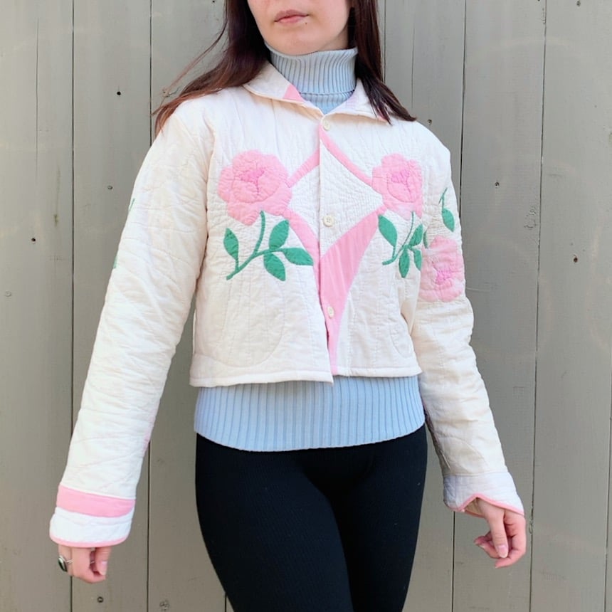 Image of Quilt Collared Cropped Coat — Antique Roses