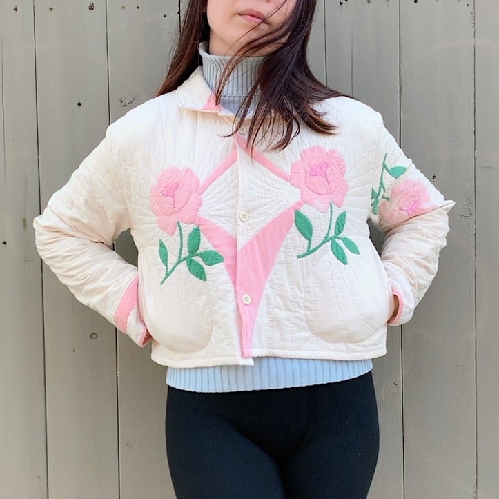 Image of Quilt Collared Cropped Coat — Antique Roses
