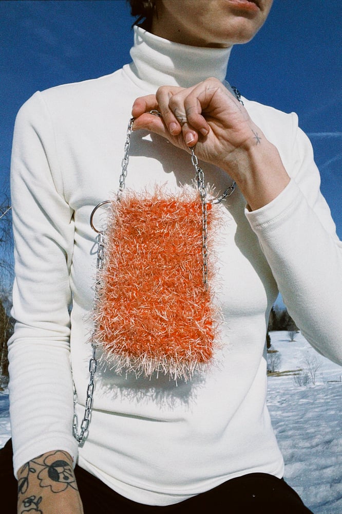 Image of Fluffy crocheted phone bag no.1