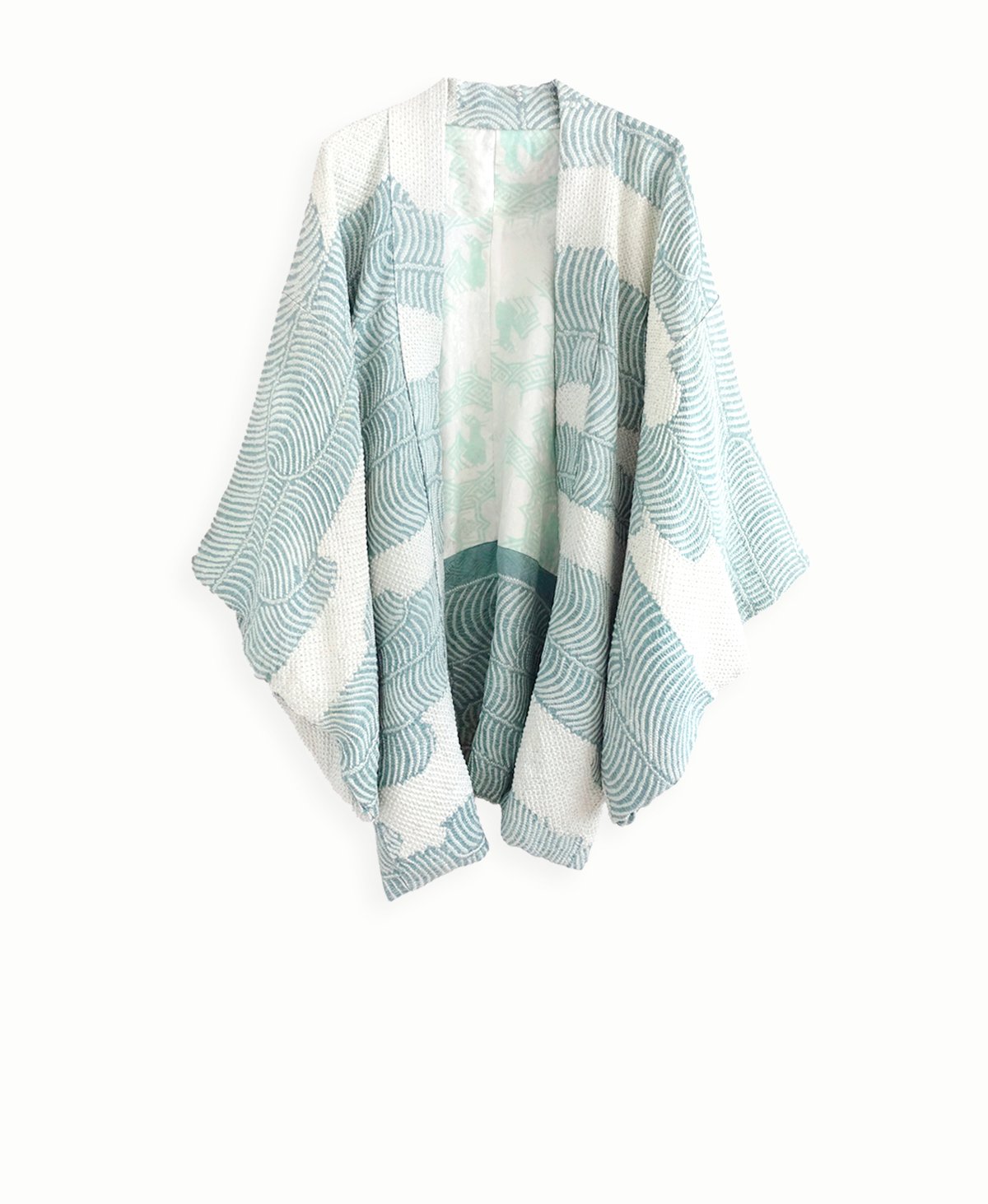 Image of Kort kimono dame - grøn m. shibori japanske bølger - Vendbar