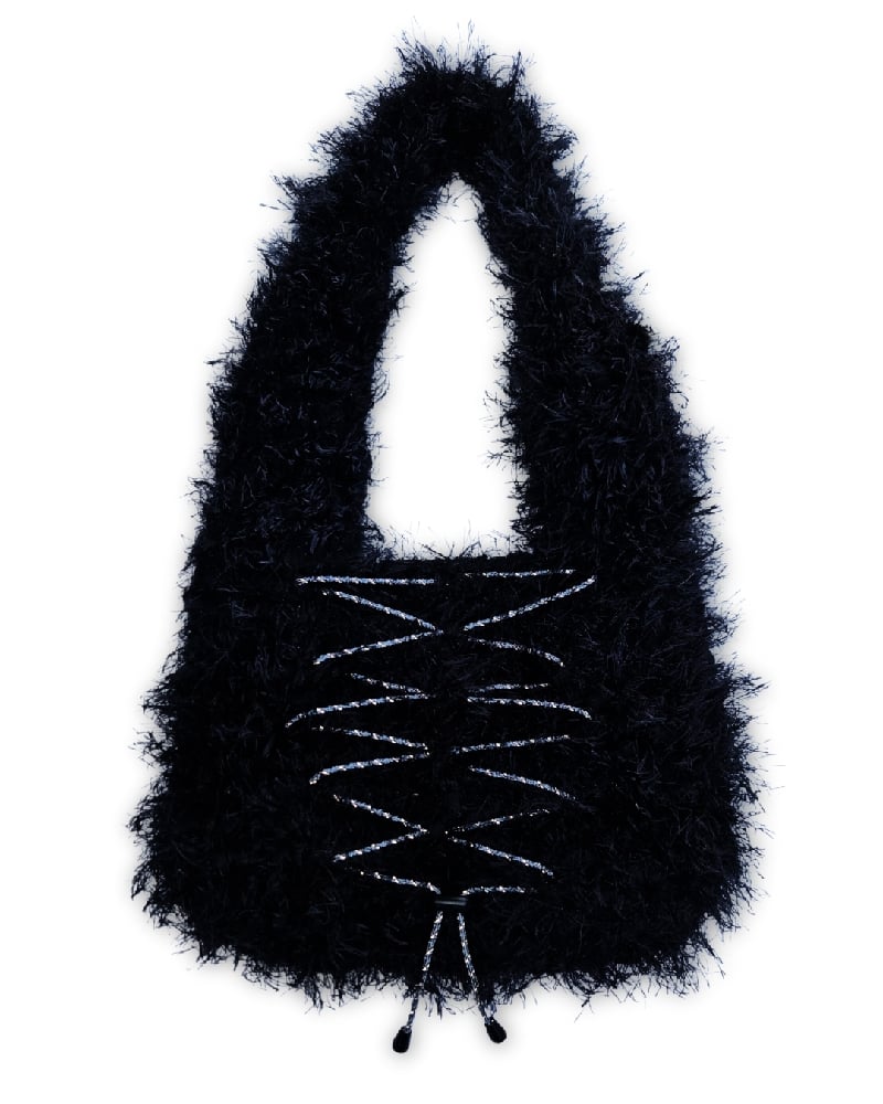 Image of IRIS – Fluffy Black Reflective Crochet Tote Recycled textiles reworked yarn