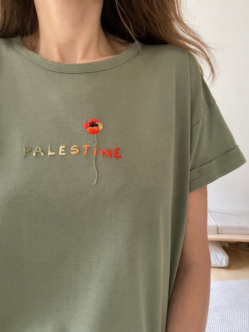 Image of Palestine - one of a kind hand embroidered tshirt, unisex, upcycled