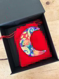 Image 3 of The Golden Tree Moon Shaped Brooch, Hand Embroidered bird brooch