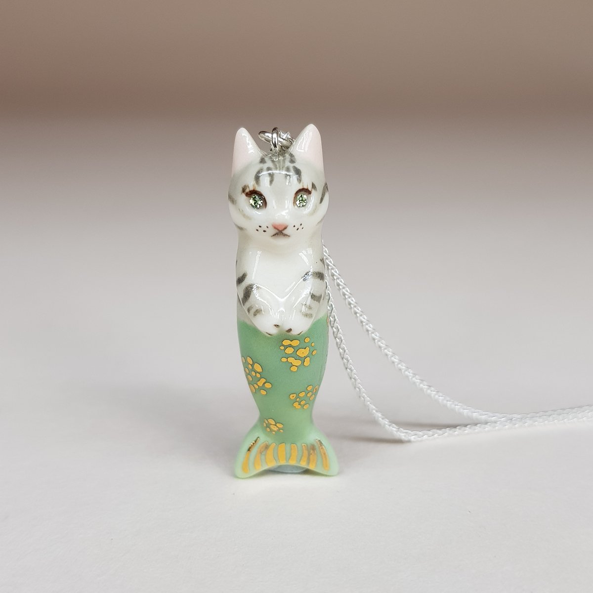 Image of Grey Tabby Purrmaid Porcelain & Sterling Silver Pendant