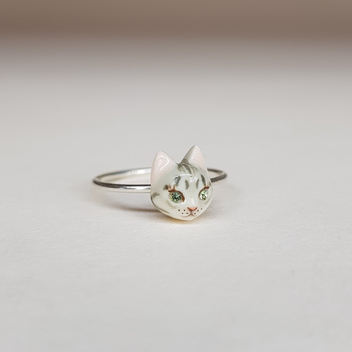 Image of Grey Tabby Porcelain & Sterling Silver  Cat Ring