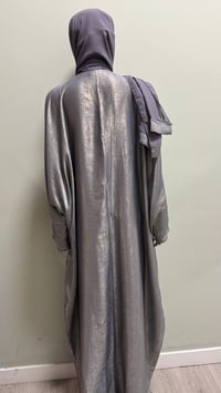 Image 6 of Korean shimmer fabric Flared sleeve abaya Gray close come with a matching scarf 