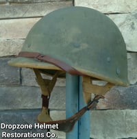 Image 13 of WWII M2 Dbale 509th PIB Front Seam Helmet & replica Airborne Hawley rayon liner. 