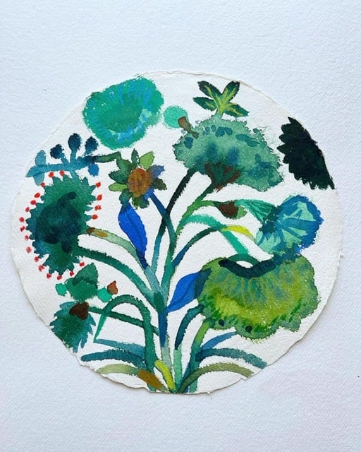 Image of Blue and Green botanicals circle painting 