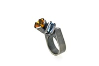 Image 1 of Citrine and Aquamarine ring. Hollow form ring in oxidised silver