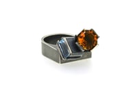 Image 3 of Citrine and Aquamarine ring. Hollow form ring in oxidised silver