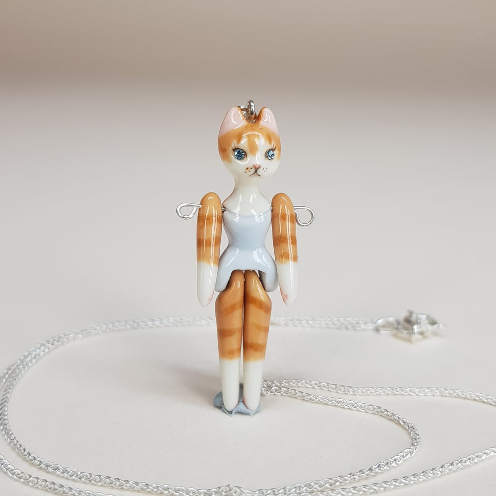 Image of Ginger Tabby Porcelain & Sterling Silver Articulated Doll Pendant