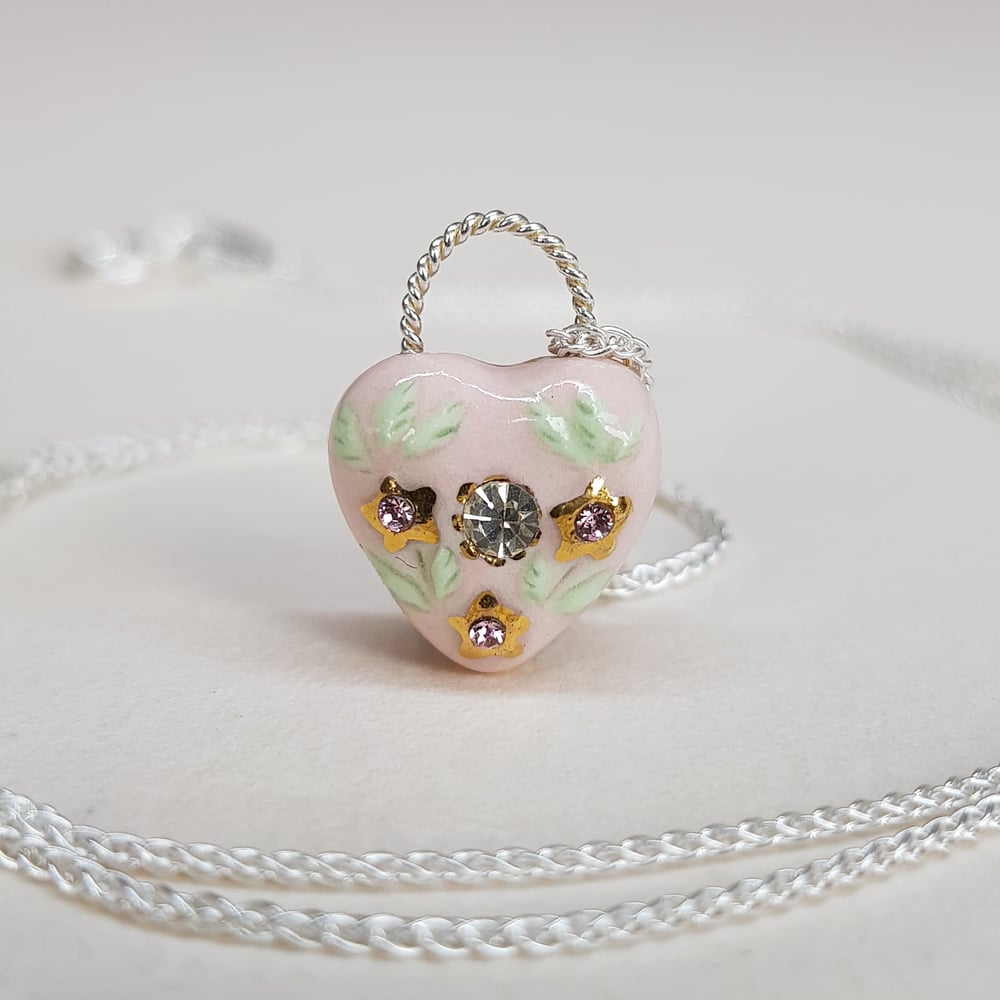Image of Rose Puffy Heart Porcelain & Sterling Silver Pendant