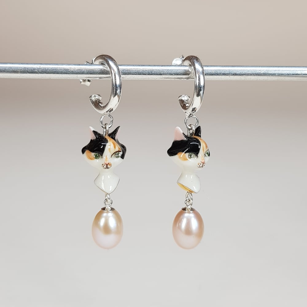 Image of Calico Porcelain & Sterling Silver Pearl Drop Earrings