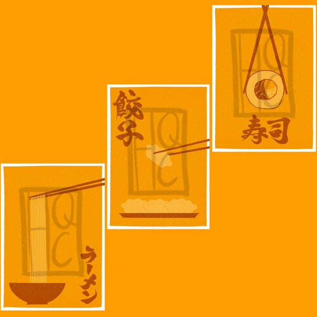Set of 3 Prints, Ramen, Gyoza & Sushi