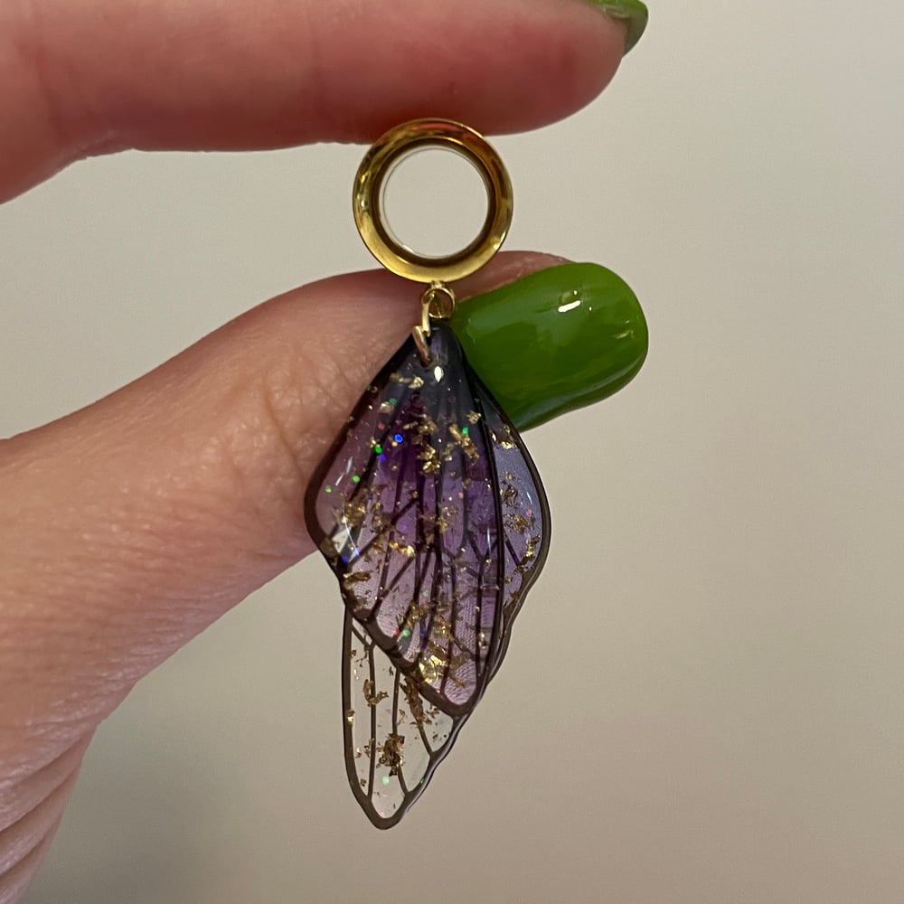 Image of Purple Glitter Wing Tunnel Dangles (sizes 2g-2")