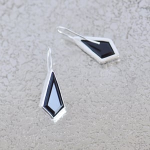 Image of Black Agate kite shape faceted cut wire hook silver earrings