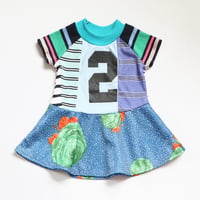 Image 1 of vintage fabric stripes blue courtneycourtney two 2T 2 second 2nd birthday bday short sleeve dress
