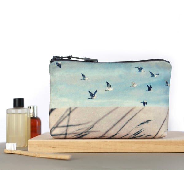 Image of Birds + reeds, wash bag, make-up, toiletries zipper pouch